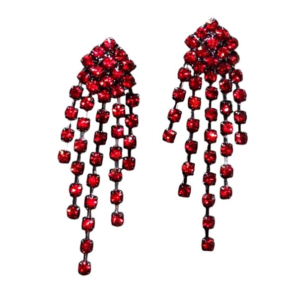 VTG Red Fringe Statement chandelier Earrings 1950s Old Hollywood Glamour Jewelry - Picture 1 of 12